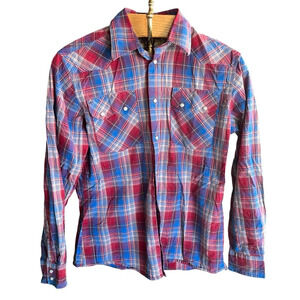 WRANGLER ~ Boy’s Red White Blue Plaid Western Pearl Snap Long Sleeve Button Down